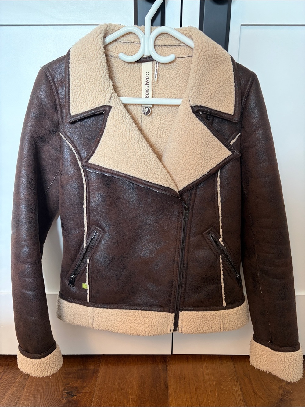 Soia & Kyo Brown Faux Leather Shearling-Trim Moto Jacket